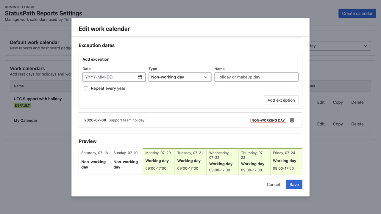 StatusPath work calendar editor showing the July 8 non-working holiday exception and Save action