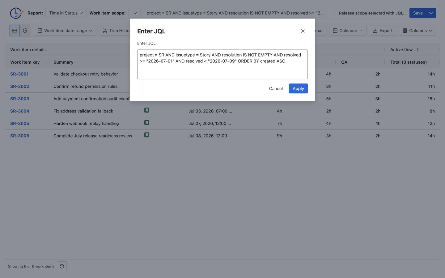 StatusPath Reports configured with a validated Jira JQL data source