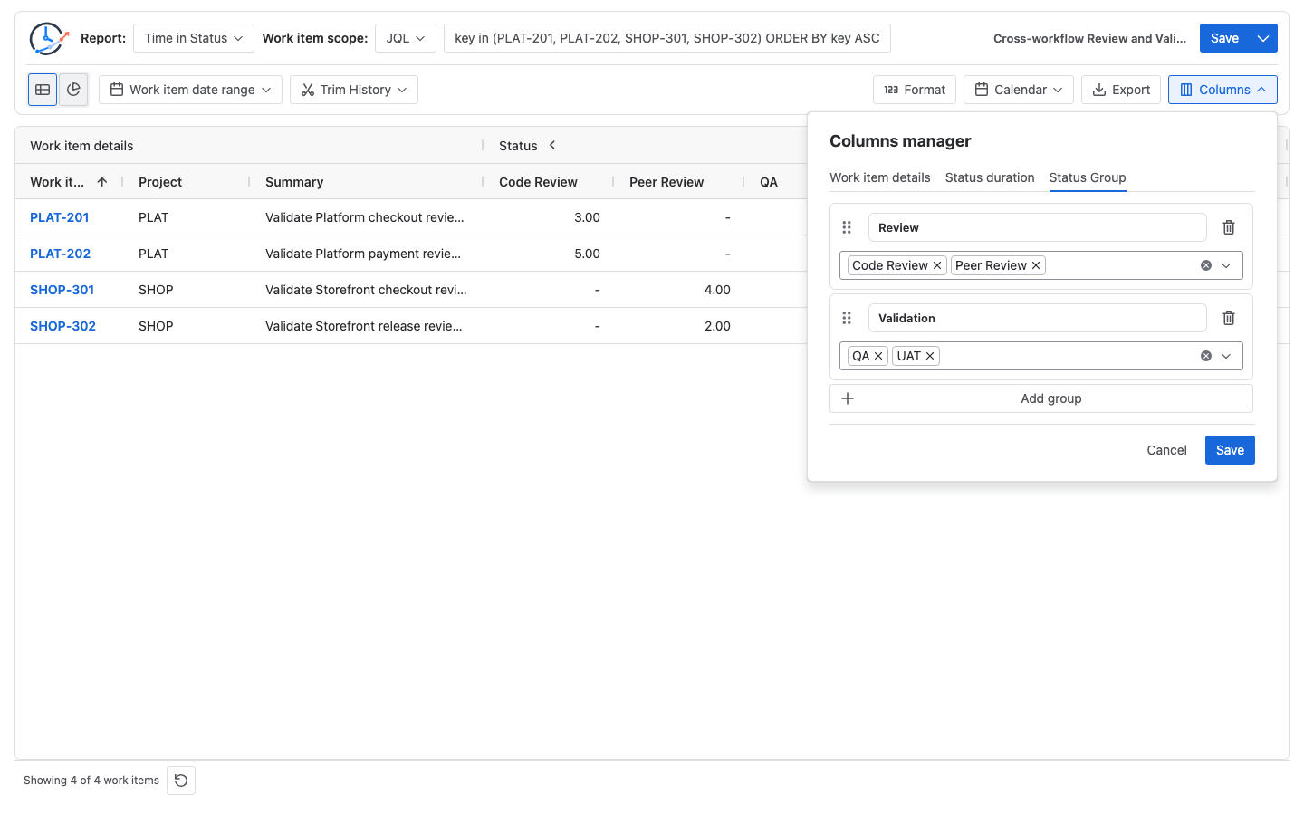 StatusPath Reports Columns Manager and Time in Status table showing base status columns and configured Status Groups