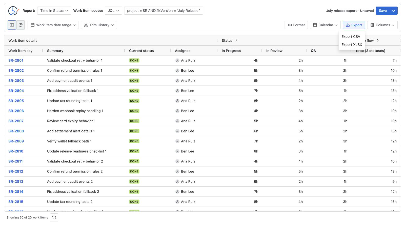 StatusPath Time in Status report for project SR and July Release with 20 work items, calculated In Progress, In Review, QA, and Total columns, and Export CSV and Export XLSX options