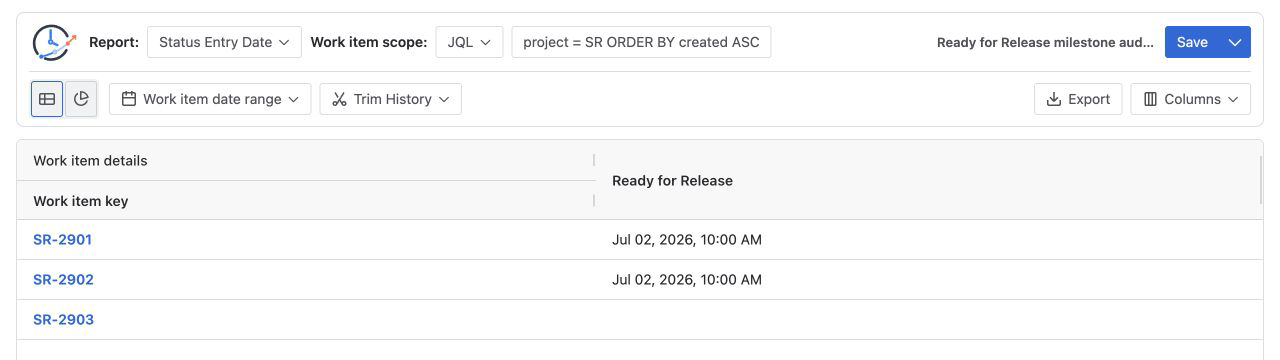 StatusPath Status Entry Date report showing first Ready for Release dates for three Jira work items