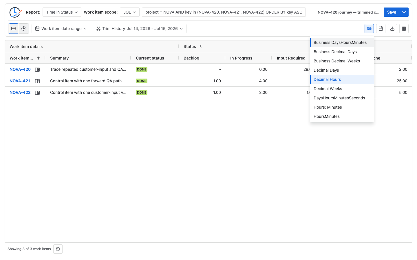 StatusPath Format menu showing Decimal Hours for the NOVA journey report