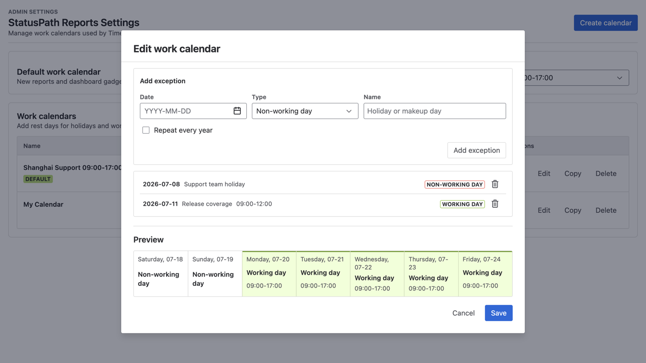 StatusPath work calendar editor showing a July 8 non-working day and a July 11 working-day override