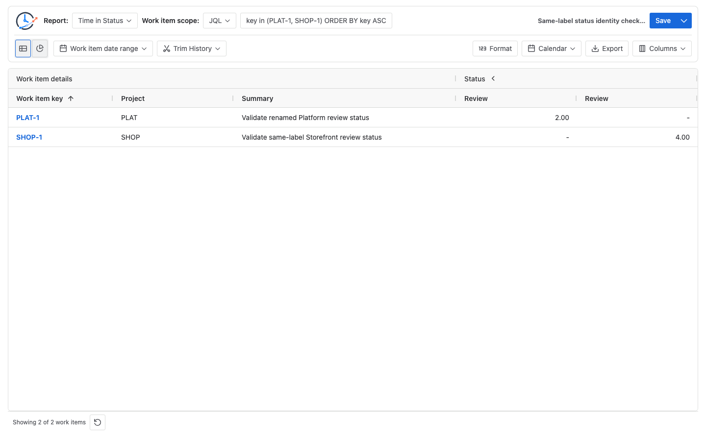 StatusPath Time in Status table showing two separate columns both labeled Review