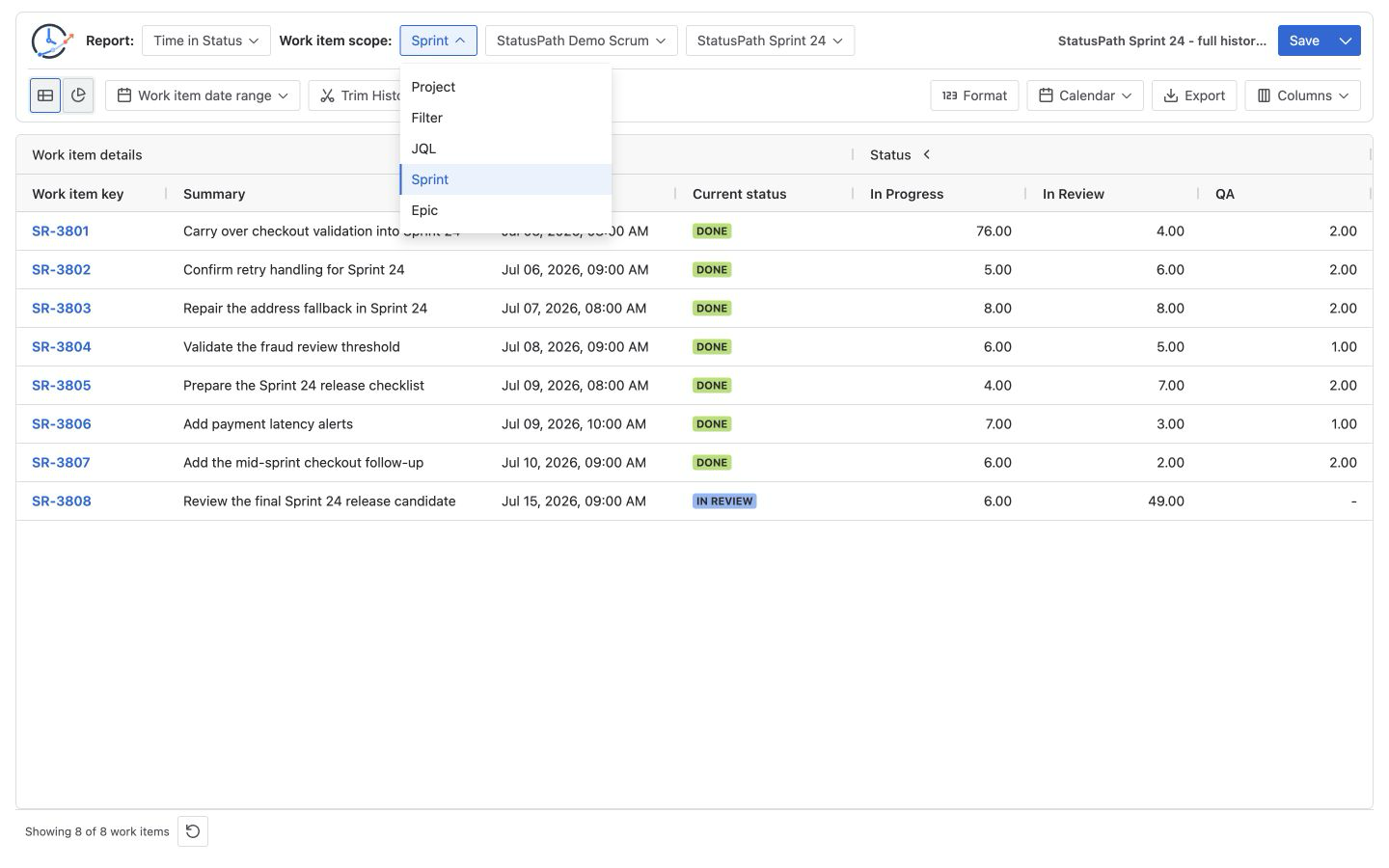 StatusPath report source selector with Project Filter JQL Sprint and Epic options