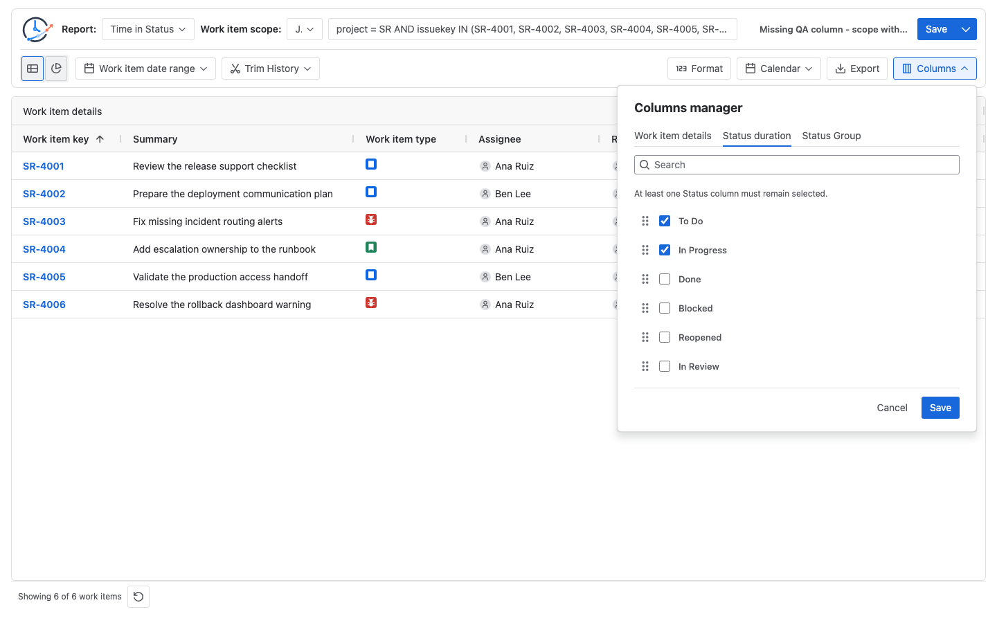 Columns Manager and Time in Status table used to diagnose a missing QA column