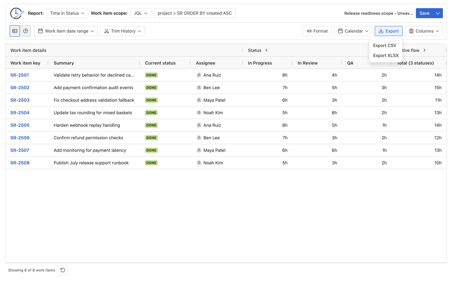 StatusPath Jira workflow report export menu with CSV and XLSX options