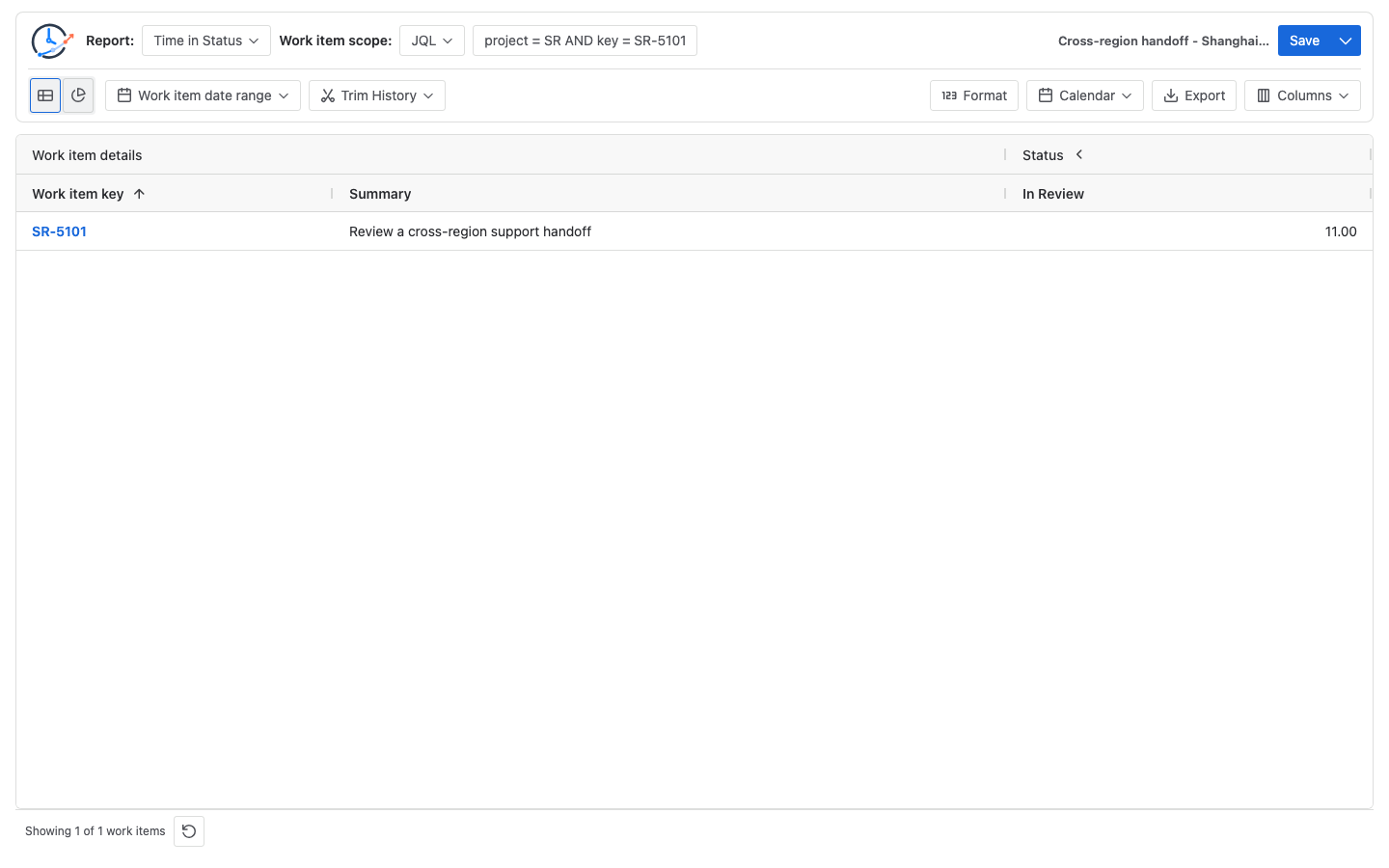 Jira Time in Status report showing 11 In Review hours under the Shanghai calendar