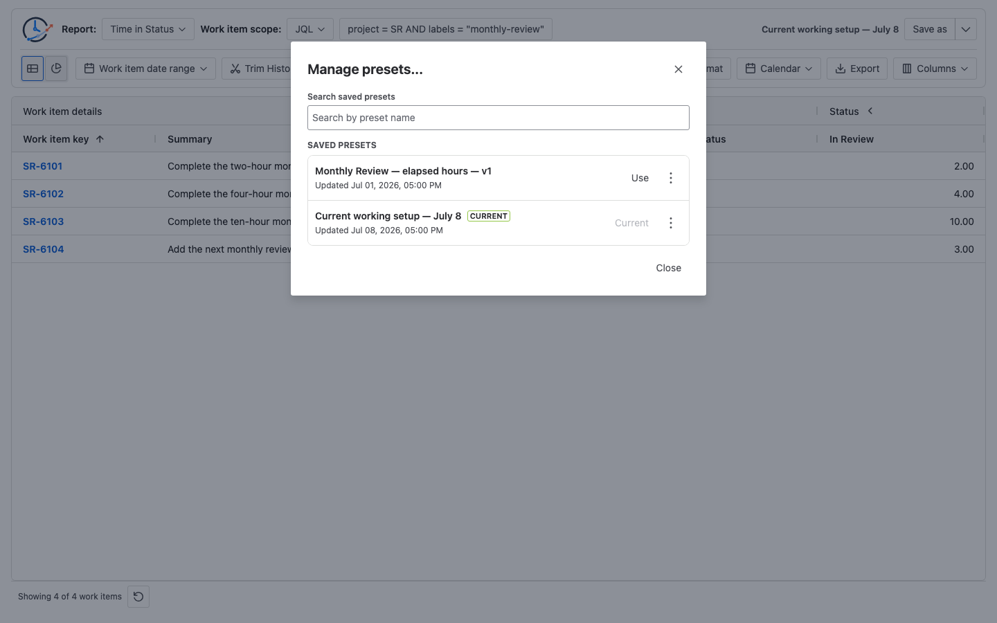 StatusPath Manage presets dialog beside the Monthly Review rerun results