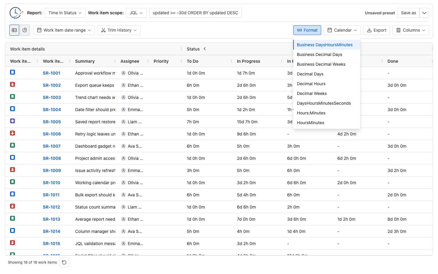 StatusPath Reports duration format menu