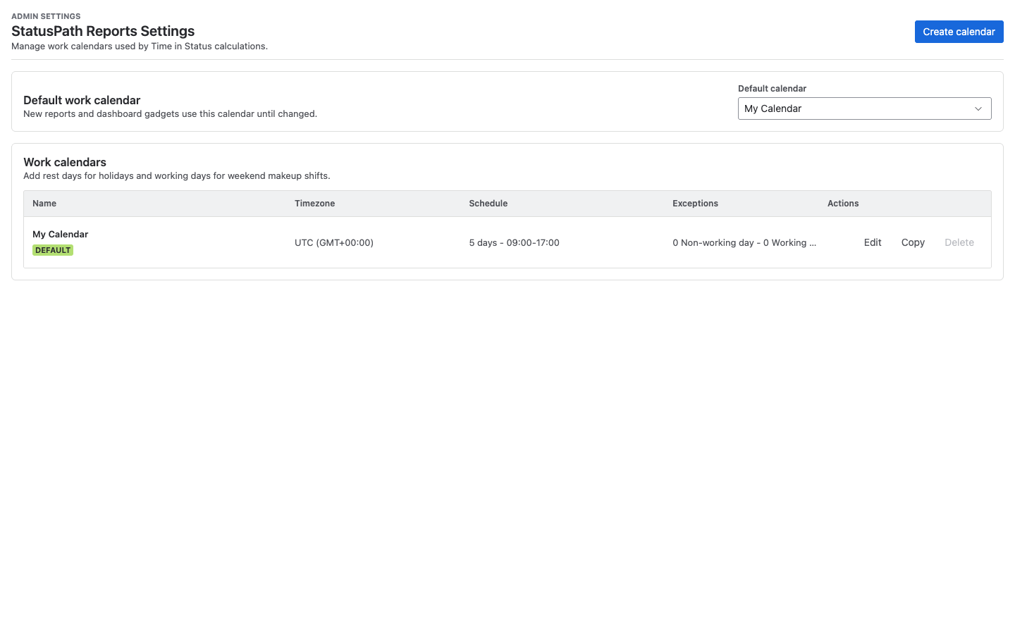 StatusPath Reports working calendar settings with days, hours, timezone, and exceptions