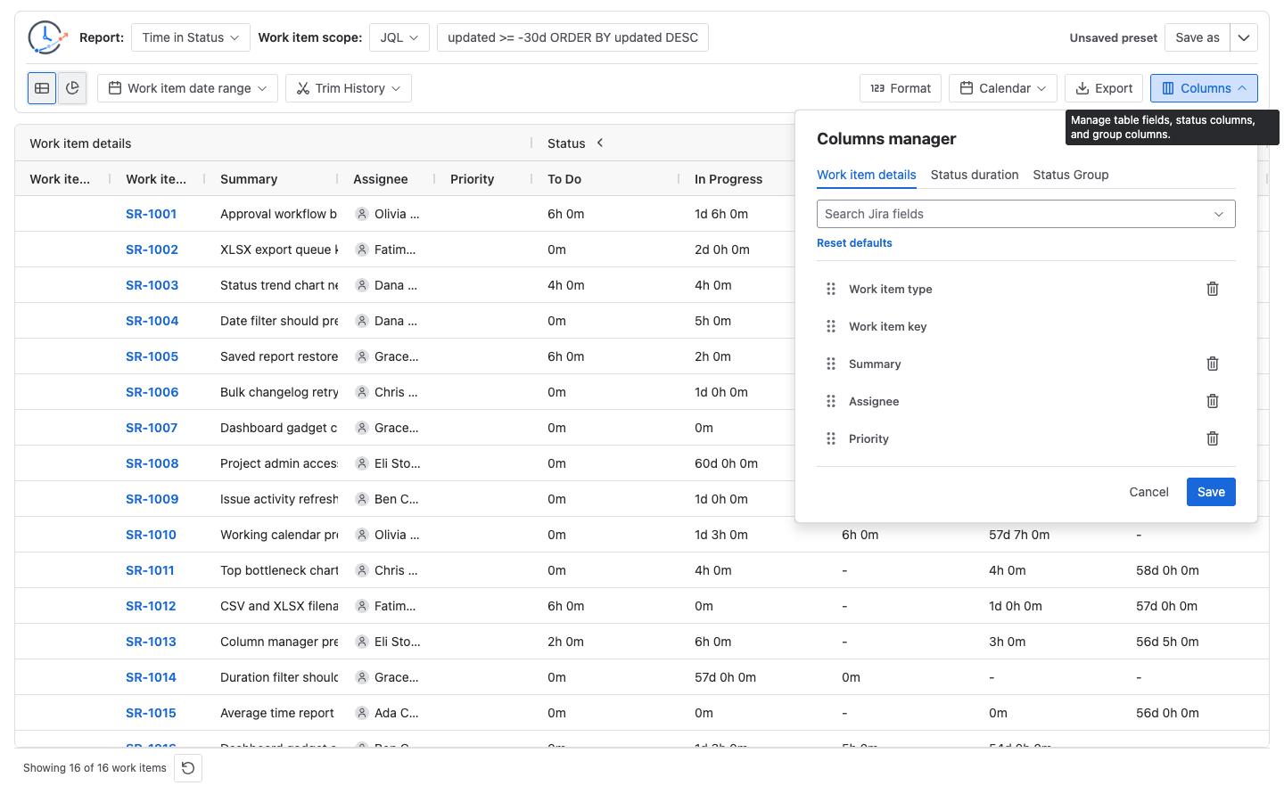 Columns manager for selecting work item fields and dynamic report columns
