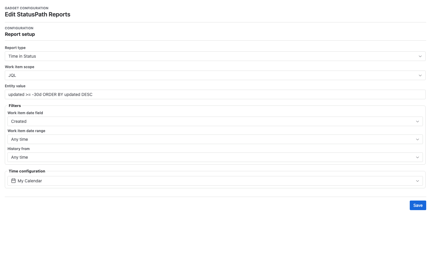 StatusPath Reports Dashboard Gadget setup screen