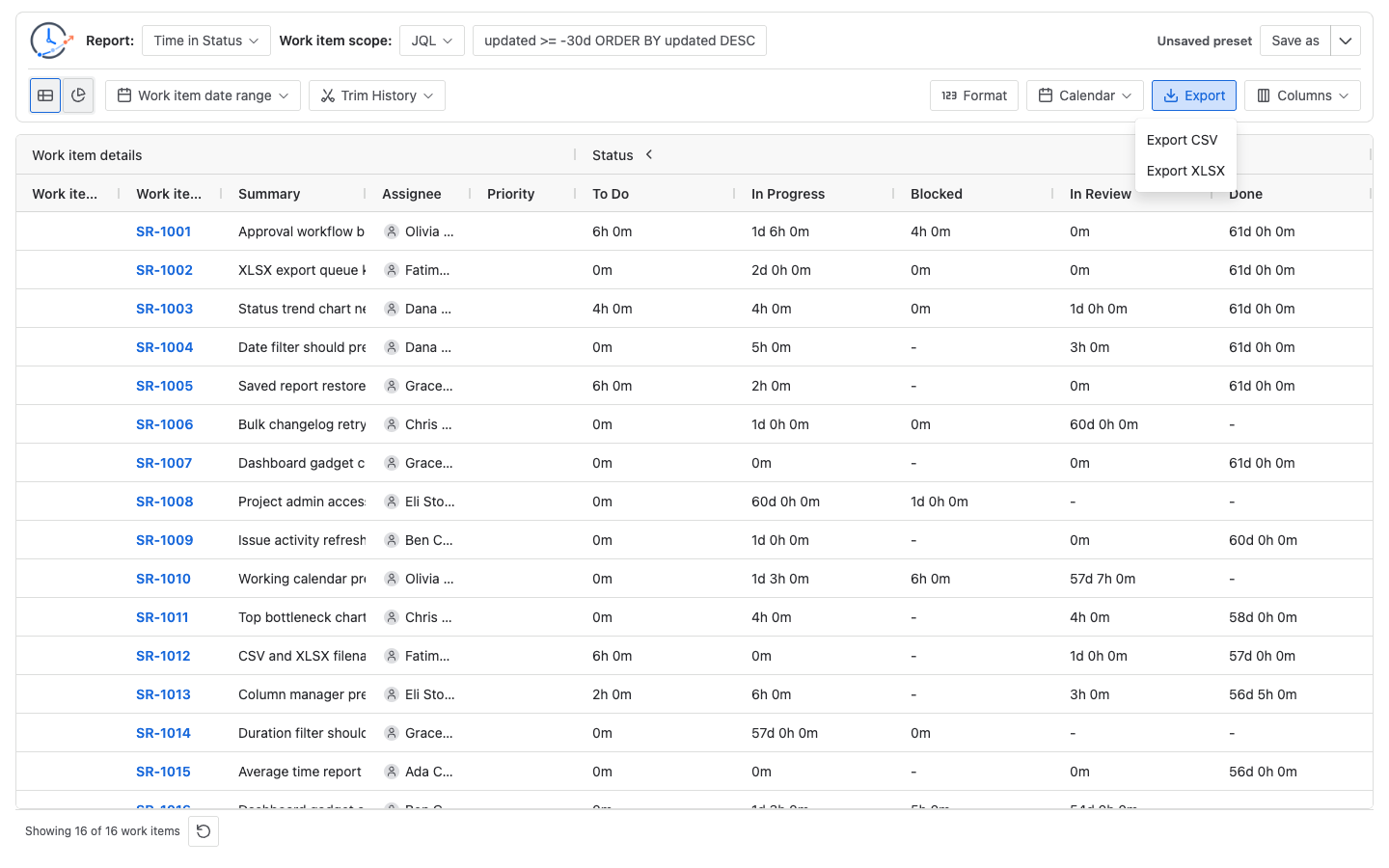 Simulated export menu with CSV and XLSX options