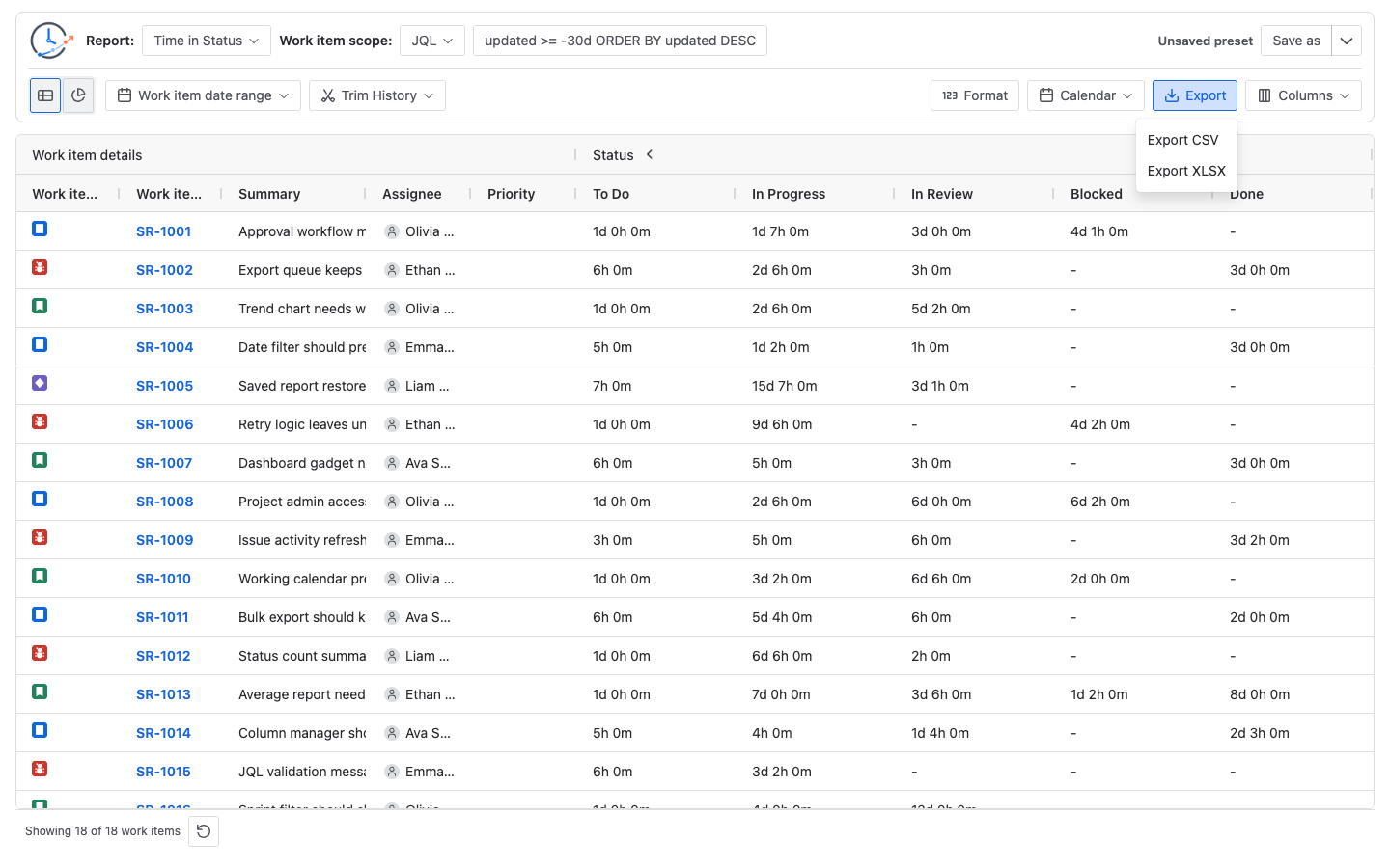 StatusPath Reports export menu with CSV and XLSX options
