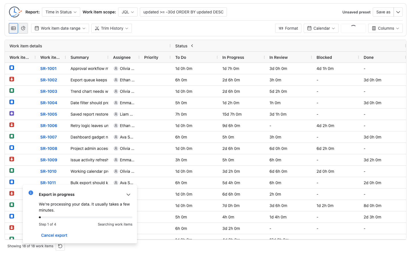 StatusPath Reports export progress notification