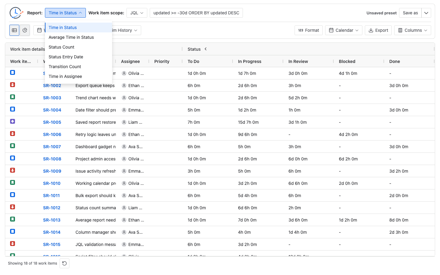 StatusPath Reports report selector with available report types