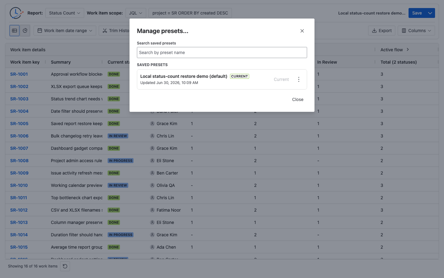Simulated saved reports menu