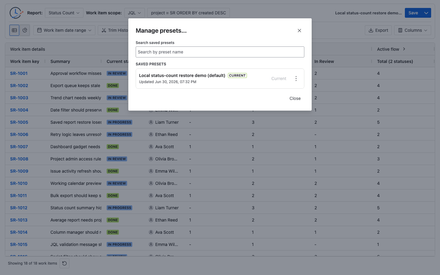 StatusPath Reports Manage presets dialog