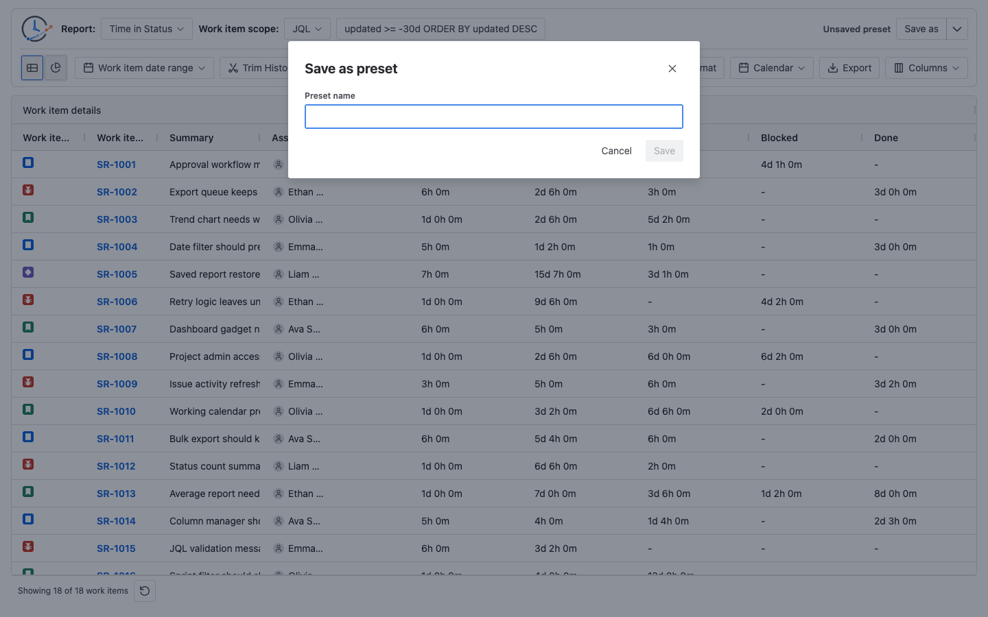 StatusPath Reports Save as preset dialog