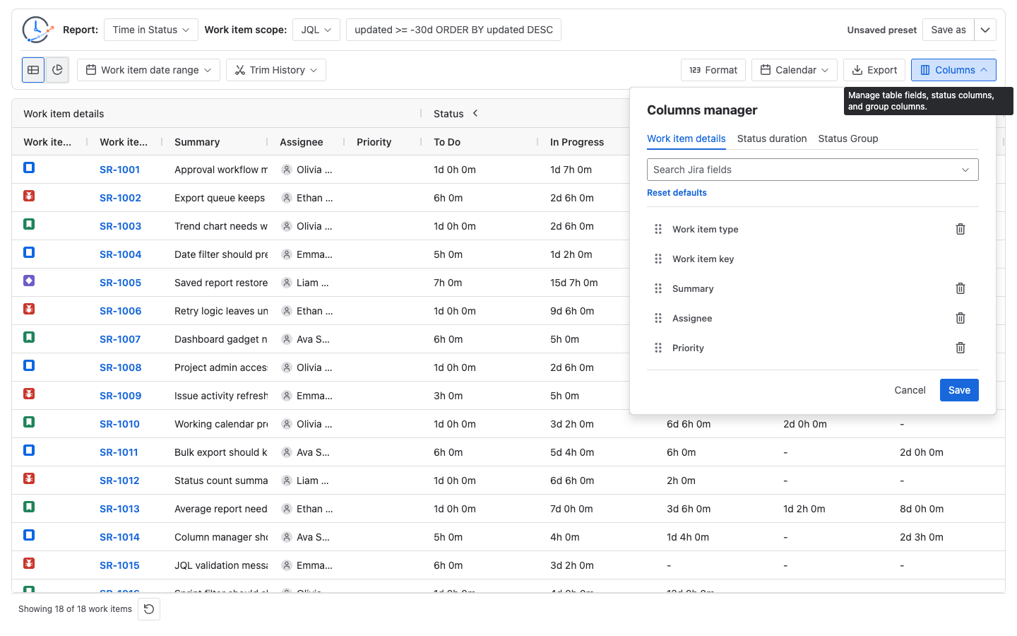 StatusPath Reports Columns Manager with field, metric, and group column controls